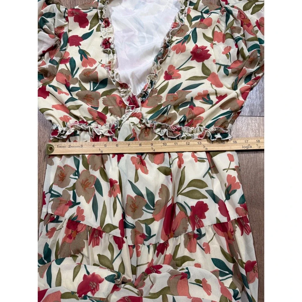 Floral Chiffon Tiered Maxi Dress Long Sleeve Ruffle V-Neck Cream Red Large